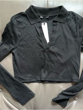 Zara Black Ribbed Long-Sleeve Polo Crop Top with V-Placket